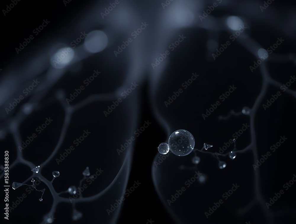 Obraz premium Abstract vascular network with shining liquid droplet, dark background
