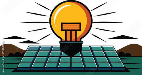 An illustration of solar panels on a rooftop, often accompanied by elements like sun rays or a house, symbolizing renewable energy and sustainability