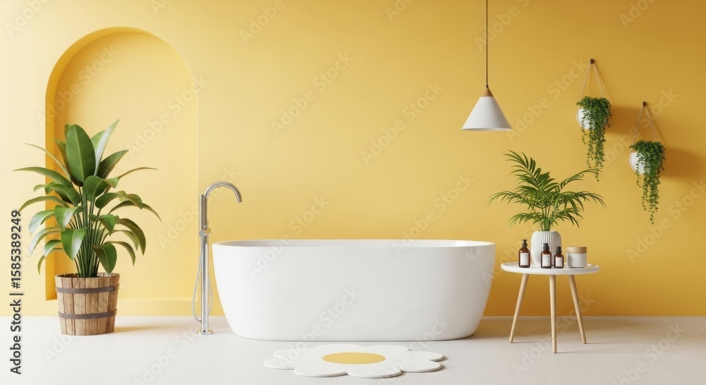 Fototapeta premium Modern bathroom with a freestanding tub, yellow walls, potted plants, and a stylish decor setup