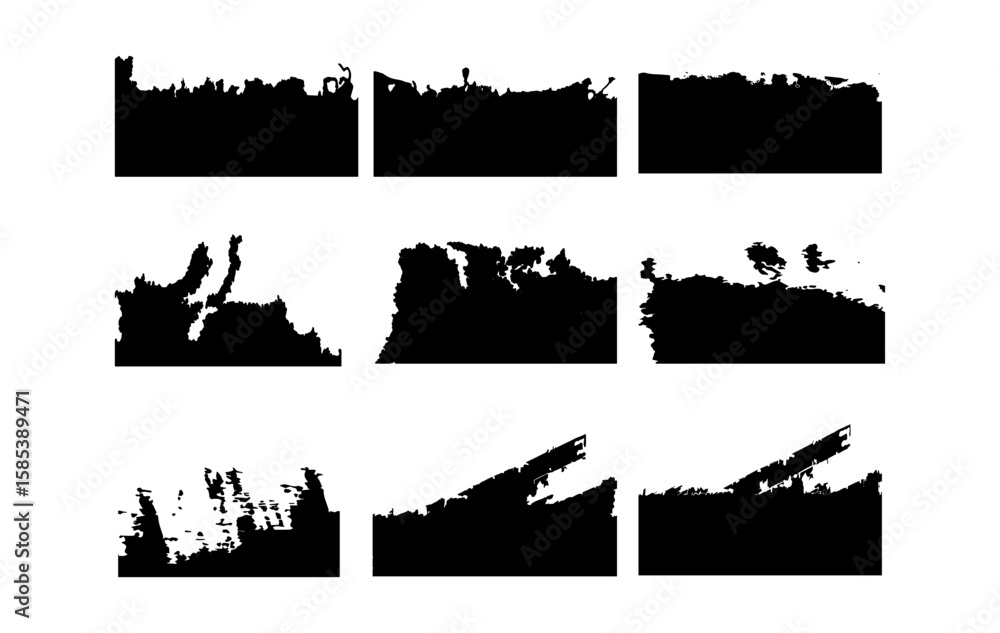 Fototapeta premium A collection of nine black abstract grunge edge borders with rough, distressed textures. These horizontal brush stroke overlays simulate ripped paper, scratchy edges, and damaged textures.