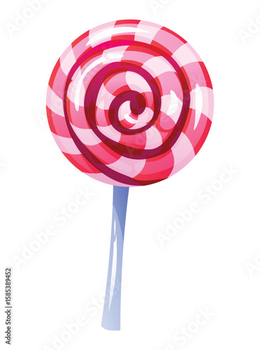 Round lollipop with pink and red swirling stripes, a classic and delicious sweet treat. Vector cartoon illustration