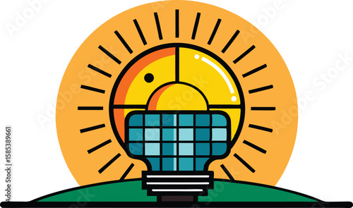 An illustration of solar panels on a rooftop, often accompanied by elements like sun rays or a house, symbolizing renewable energy and sustainability