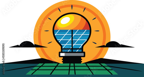 An illustration of solar panels on a rooftop, often accompanied by elements like sun rays or a house, symbolizing renewable energy and sustainability