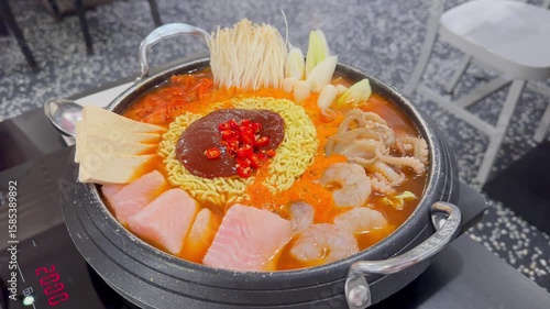 A delicious Korean army stew (Budae Jjigae) bubbling with ramen, an abundance of fresh seafood including octopus and shrimp, tofu, and other savory ingredients, perfect for a hearty meal.
