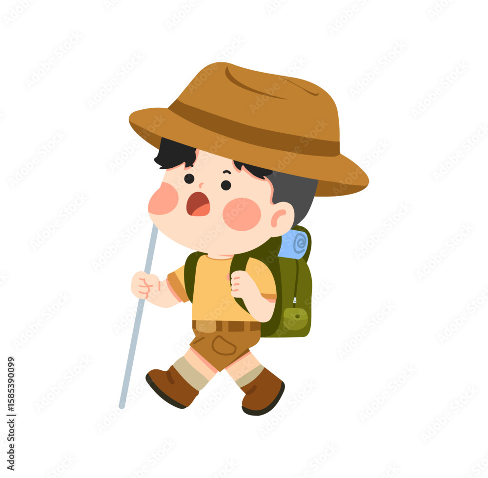 Cartoon Boy Hiking with Backpack and Stick Cartoon Boy Hiking with Backpack and Stick