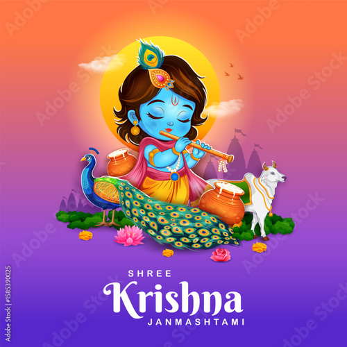 Lord Bal Krishna in the religious festival background of India for Shri Krishna Janmashtami celebration