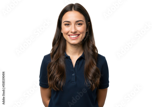 A beautiful young brunette woman with a bright smile wearing a blue polo shirt is isolated on transparent background
