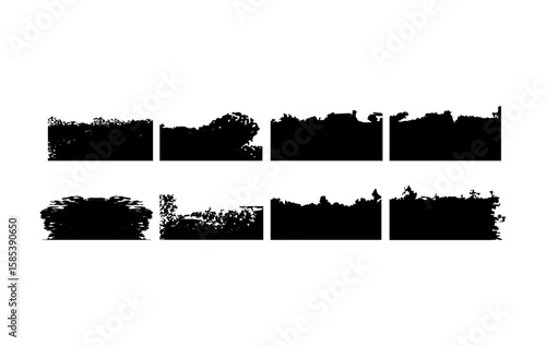 A set of grunge edge overlays inspired by nature. Featuring dense, leafy, and organic brush stroke silhouettes, these abstract borders resemble bushy tree lines, forest edges, or natural texture masks