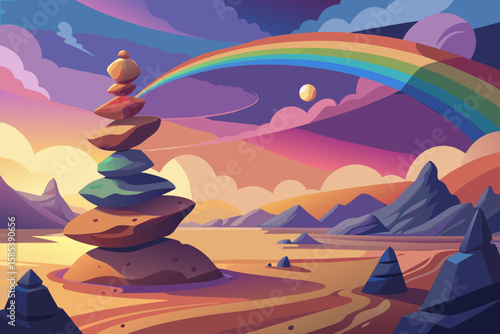 Gravity Defying Rocks Spiraling Upward into a Dreamy Sky