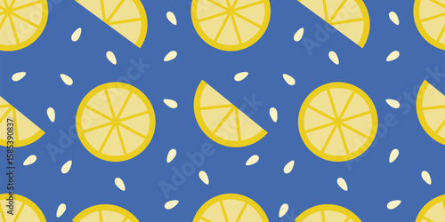 Playful citrus pattern with lemons and scattered white seeds on a vibrant blue base. Perfect for fun prints, fabric, kitchen towels, wrapping paper, and fresh food design themes