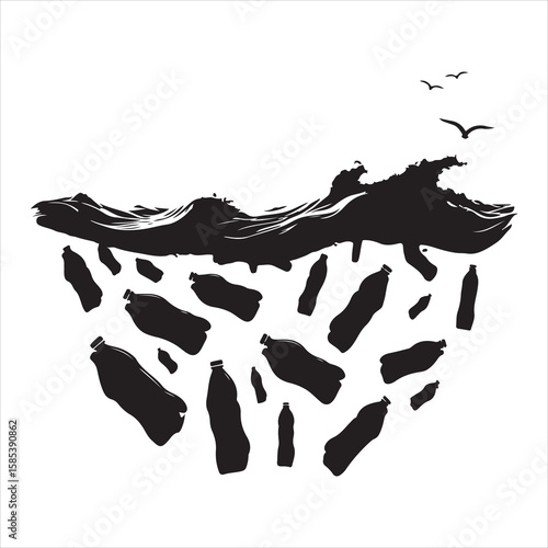 Minimalist black silhouette of plastic bottles polluting the ocean, on a pure white backgroun 