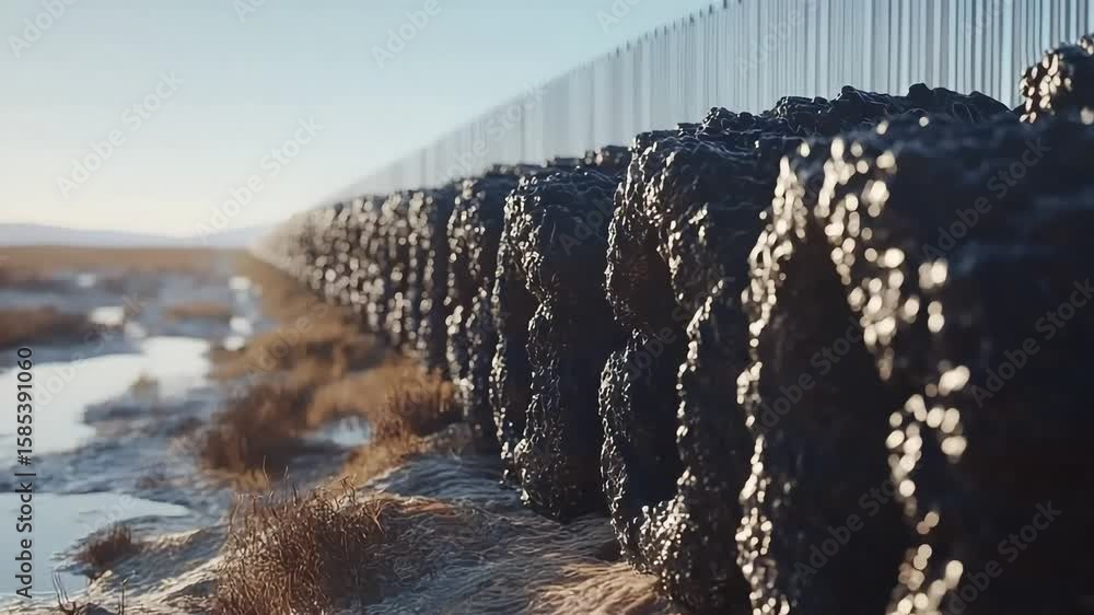 Parallel lines of dark, textured forms and a towering, reflective wall define a vast vista.