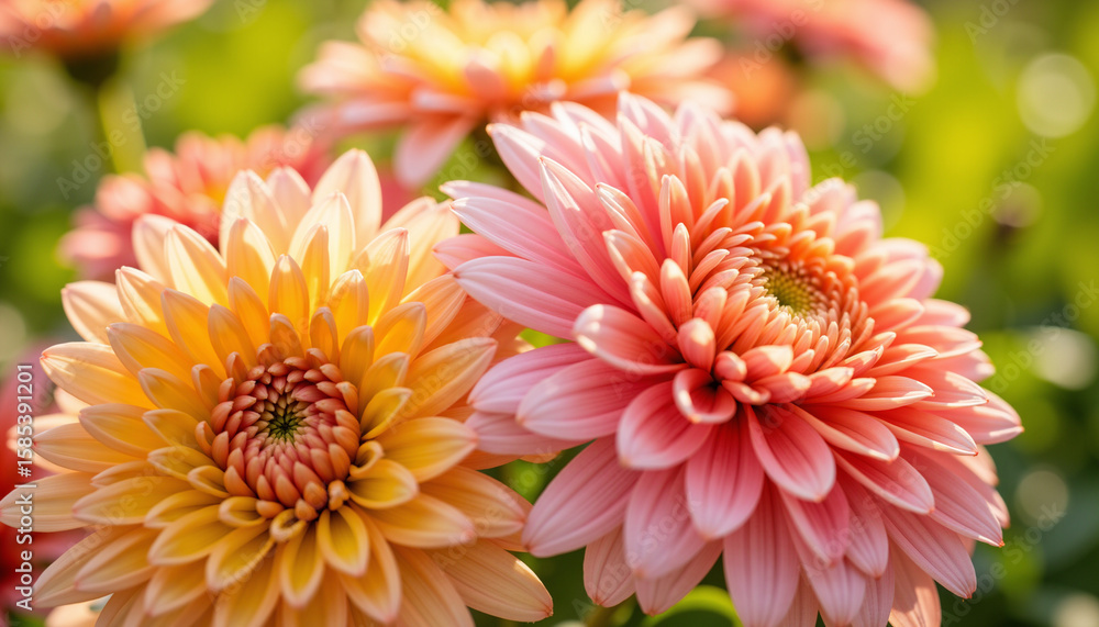 Fototapeta premium Colorful dahlia flowers blooming in garden during sunny day 