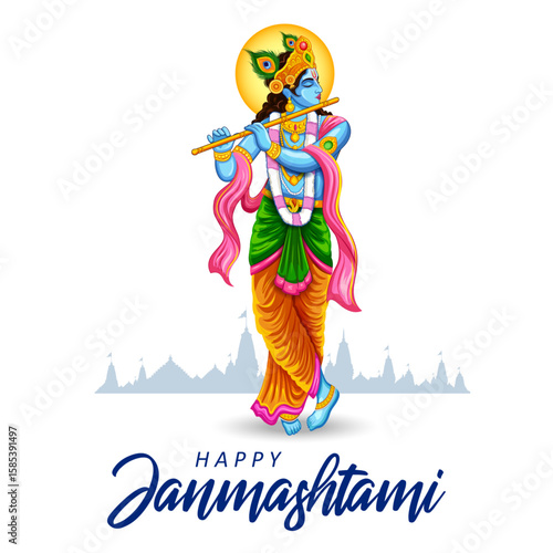 Lord Krishna in the religious festival background of India for Shri Krishna Janmashtami celebration