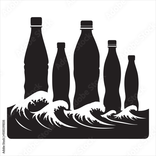 Minimalist black silhouette of plastic bottles polluting the ocean, on a pure white backgroun 