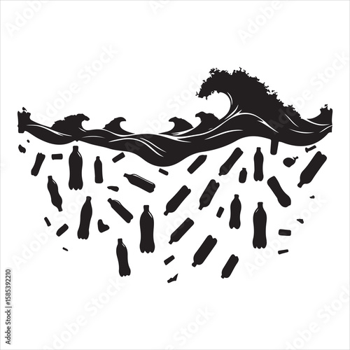 Minimalist black silhouette of plastic bottles polluting the ocean, on a pure white backgroun 
