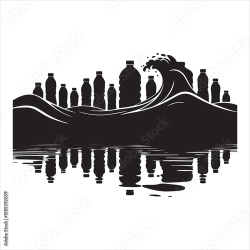 Minimalist black silhouette of plastic bottles polluting the ocean, on a pure white backgroun 