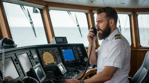 Professional Maritime Officer Navigating a Ship at Sea with Equipment