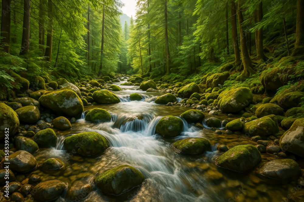 Serene river flowing through lush green forest with rocks Serene river flowing through lush green forest with rocks