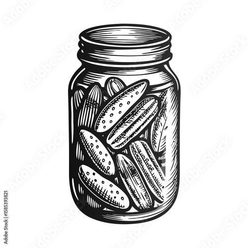 Jar with pickled cucumbers in detailed hand-drawn engraving, presenting preserved gherkins inside glass container. Homemade preserved vegetables, especially pickled cucumbers.