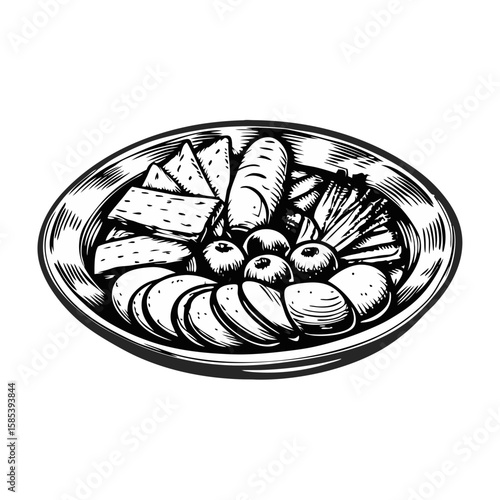 Plate with food sketch in hand-drawn engraving style showing delicious meal composition. Plate with food sketch displays appetizing culinary ingredients.