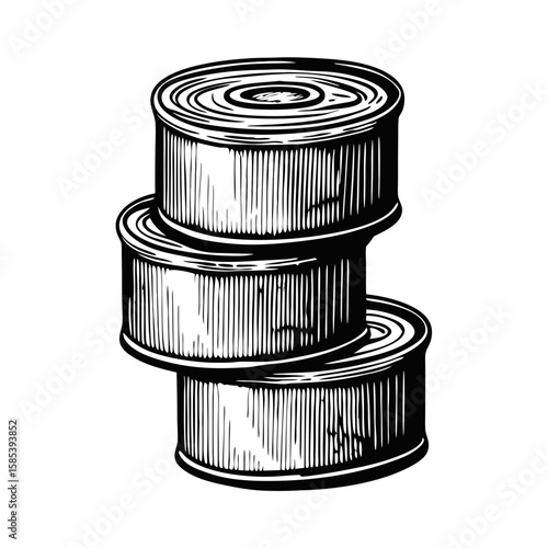 Stacked food cans in an artistic rendering, presented in monochromatic black and white. Stacked food cans feature textured vintage style.