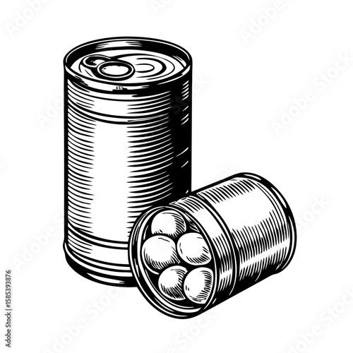 Illustration canned peaches in syrup, a hand drawn engraving in black and white style with open and closed cans. Canned peaches represent sweet, preserved fruit.