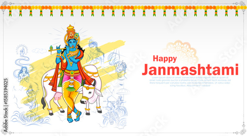 Lord Krishna in the religious festival background of India for Shri Krishna Janmashtami celebration
