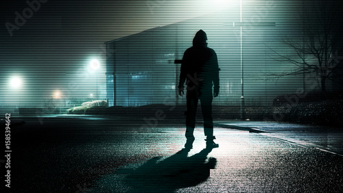 A glitch horror concept Location is a industrial warehouse estate, A mysterious scary figure, standing on a road at night, silhouetted by street lights.