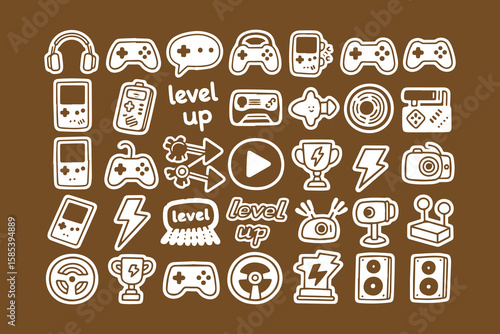 Collection of white outline video game icons and symbols on a brown background