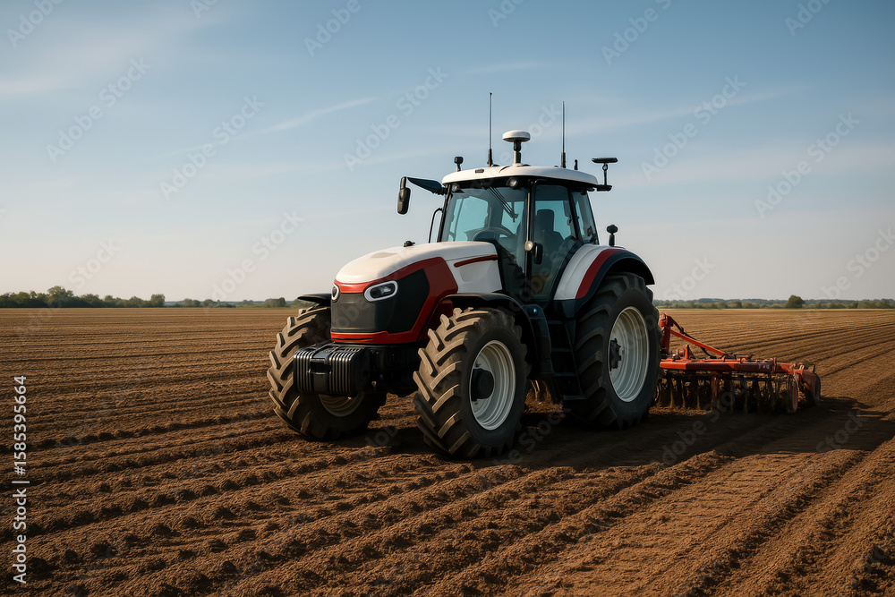 Obraz premium Modern tractor plowing soil in agricultural field on sunny day