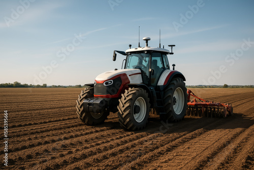 Modern tractor plowing soil in agricultural field on sunny day