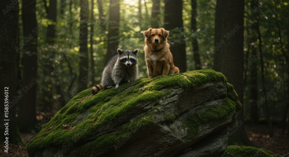 Obraz premium raccoon and dog | A raccoon and a dog perched on a moss-covered rock in a sunlit forest, surrounded by tall trees, showcasing a serene moment in nature