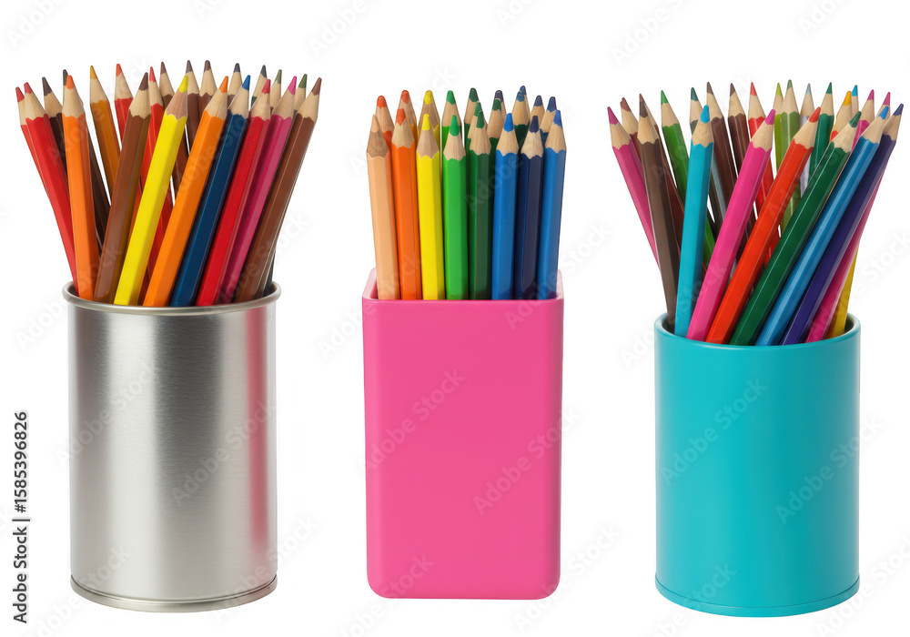 Fototapeta premium Three containers filled with colorful pencils isolated on transparent background, perfect for art, education, or creative design projects