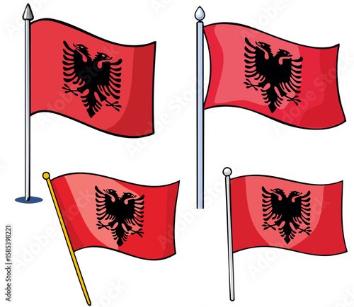 Albanian Flag Montage: An illustration of the national flag of Albania, rendered in a bright and vibrant style. The flags, each featuring the iconic double-headed eagle against a crimson backdrop.