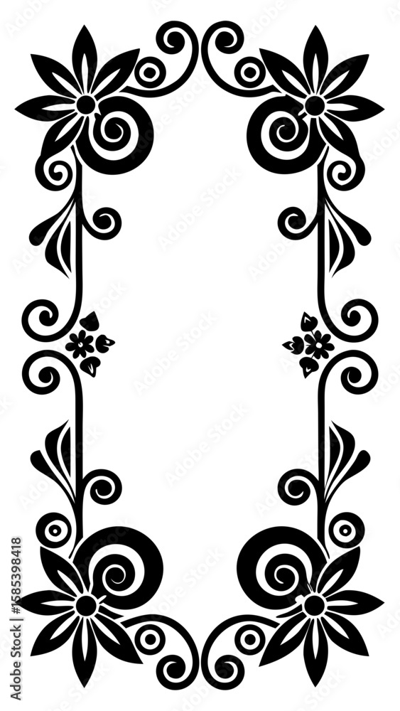 Fototapeta premium Elegant black ink border design showcasing a delicate fusion of floral artistry and abstract patterns creating a sophisticated graphic element for various creative applications.