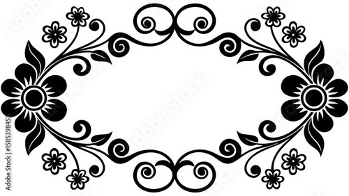 A captivating black ink border design featuring an elegant blend of floral artistry and intricate abstract elements creates a visually stunning decorative framework.