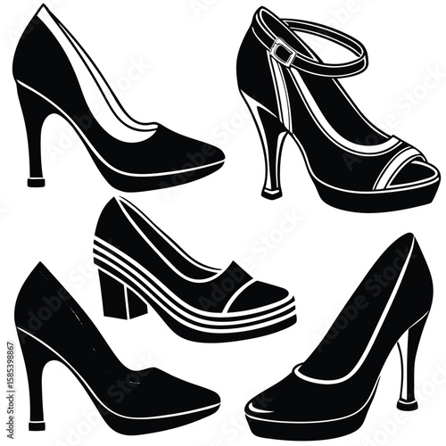 Comprehensive Set of Women's Shoes Illustrated in a Flat Vector Style
