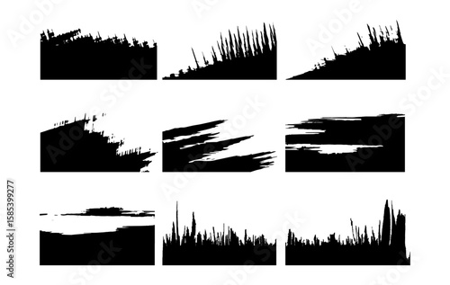 A set of 9 high contrast black grunge brush stroke frames isolated on white background. Each shape features unique ink smear effects and rough edges, ideal for poster design, digital art.