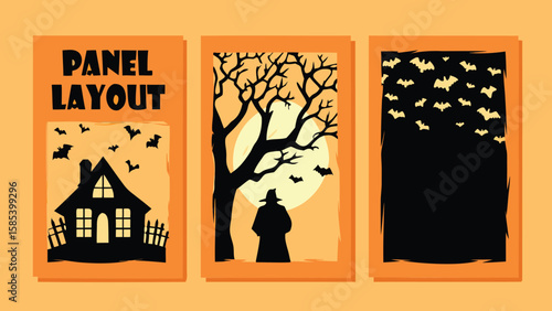 Three halloween themed panels featuring a house, a figure under a tree, and a swarm of bats in black and orange