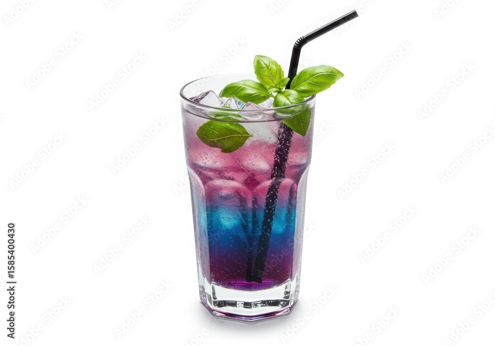 Vibrant layered cocktail with basil and ice cubes isolated on white background Vibrant layered cocktail with basil and ice cubes isolated on white background