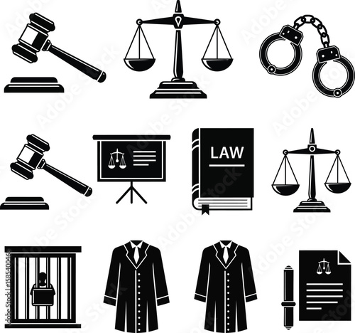Legal Justice System Icons Set - Law, Court, and Crime Symbols