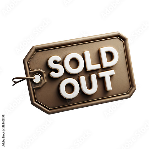 Luxurious gold “SOLD OUT” tag with beveled edges and 3D white letters, hanging by string, isolated on transparent background
