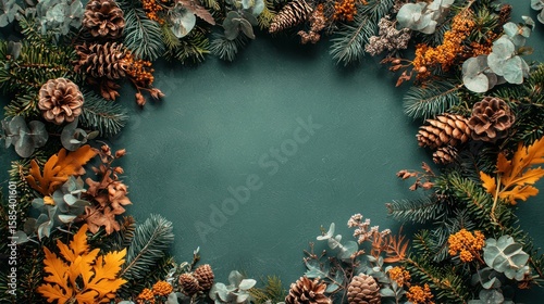 Autumnal wreath arrangement on a teal background.