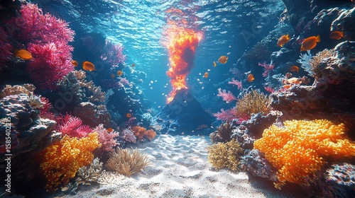 Vibrant coral reef teeming with colorful marine life.