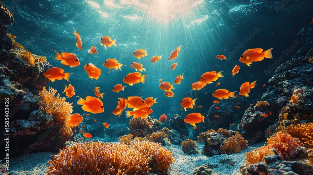 Obraz premium Vibrant coral reef teeming with orange fish.