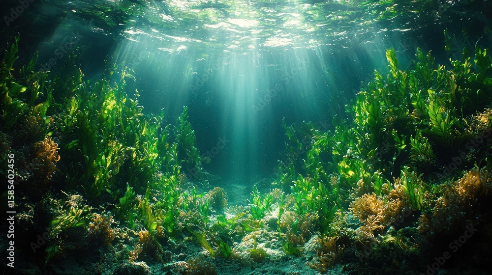 Obraz premium Underwater scene of vibrant seaweed and sunlight.
