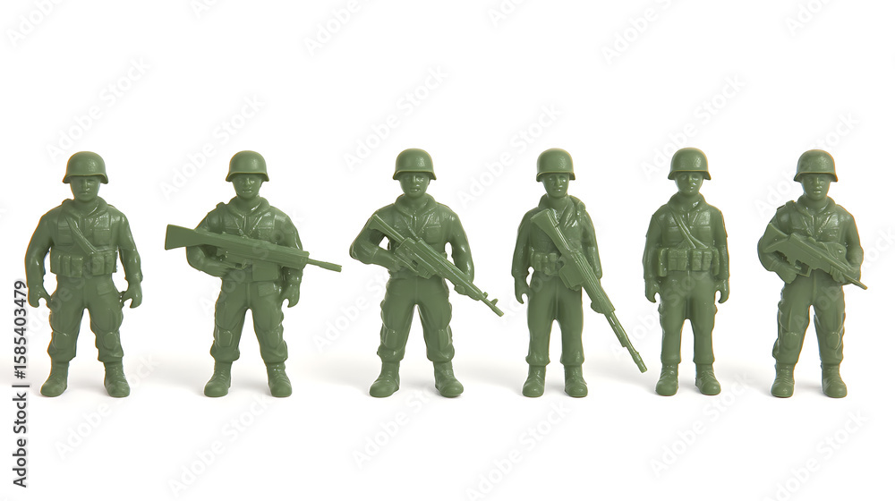 Naklejka premium Toy Soldiers: A line of green plastic figures stand ready for action, evoking nostalgia and imagination. Miniature warriors lined up against a white background.