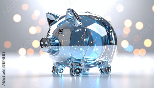 Transparent futuristic piggy bank glowing with blue digital lights against a soft bokeh background, symbolizing modern finance and innovation.