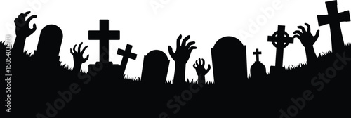 spooky graveyard with hand silhouette border, haunted cemetery zombie silhouette footer, halloween graveyard horizontal decoration, come back from the dead illustration